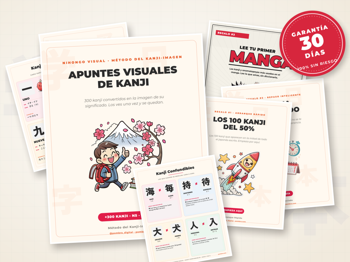 Mockup principal (héroe visual): cuaderno visual abierto — una página tipo de kanji-imagen (el trazo dibujado como su significado) + lecturas on/kun + palabra de ejemplo. Reaparece en stack/pricing/cierre.